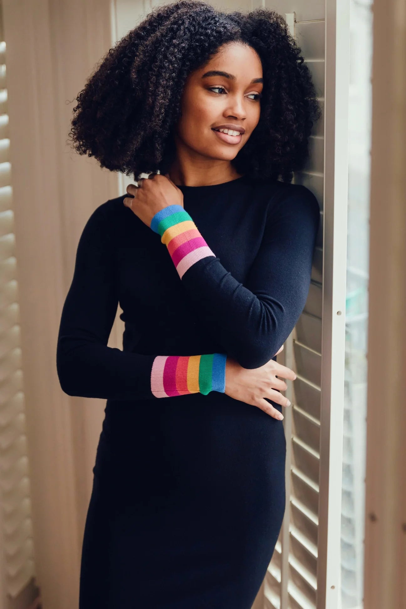 SUGARHILL BRIGHTON-Liselle Midi Knit Dress - Black, Rainbow Stripe Cuff