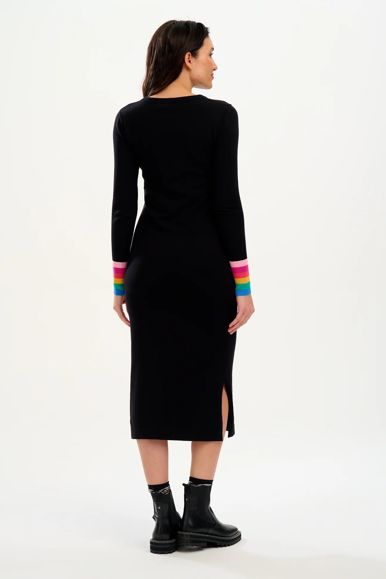 SUGARHILL BRIGHTON-Liselle Midi Knit Dress - Black, Rainbow Stripe Cuff