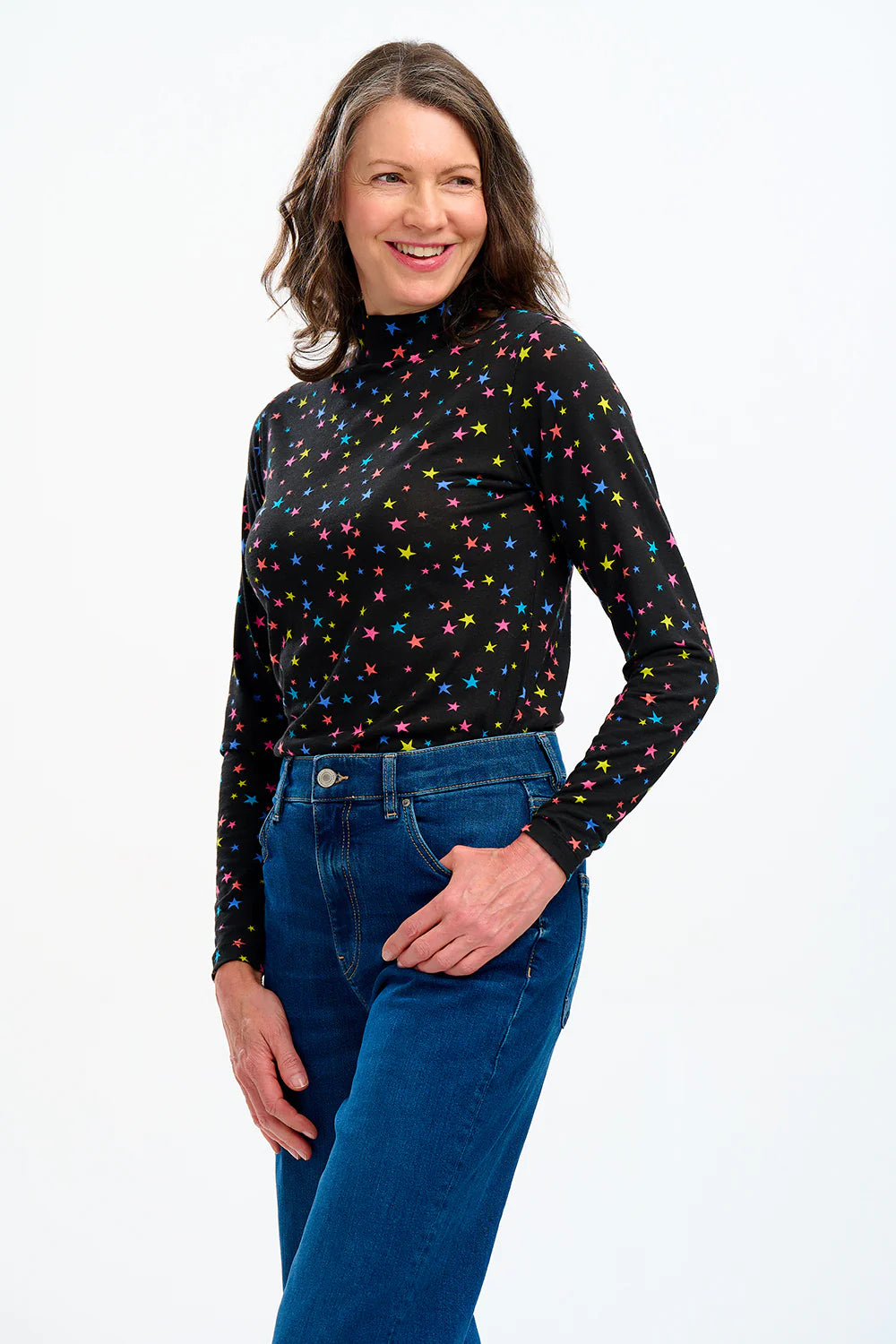 SUGARHILL BRIGHTON-Annika Jersey Top - Black, Rainbow Star Confetti