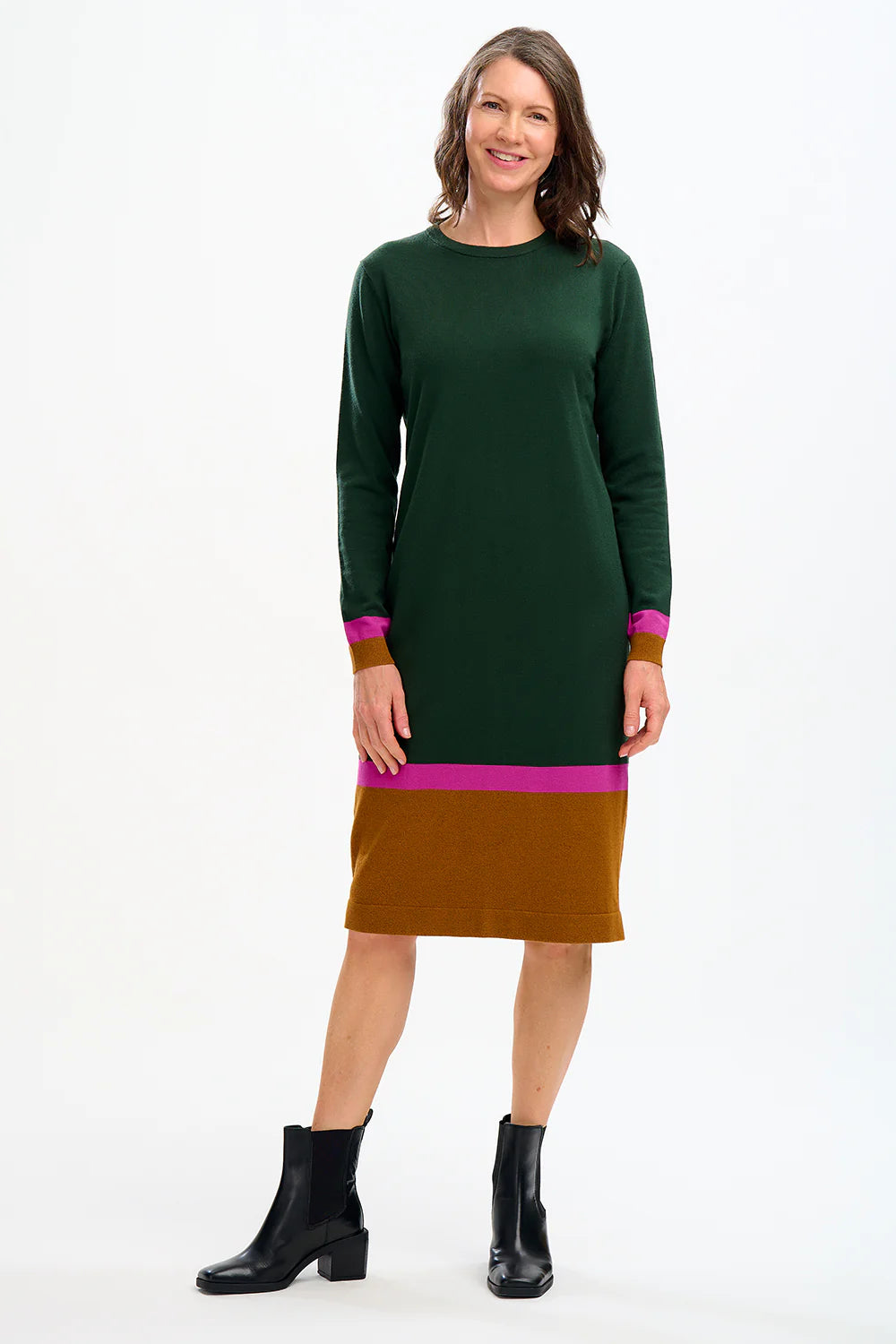 SUGARHILL BRIGHTON-Nala Midi Knit Dress - Dark Green, Autumn Colour Block