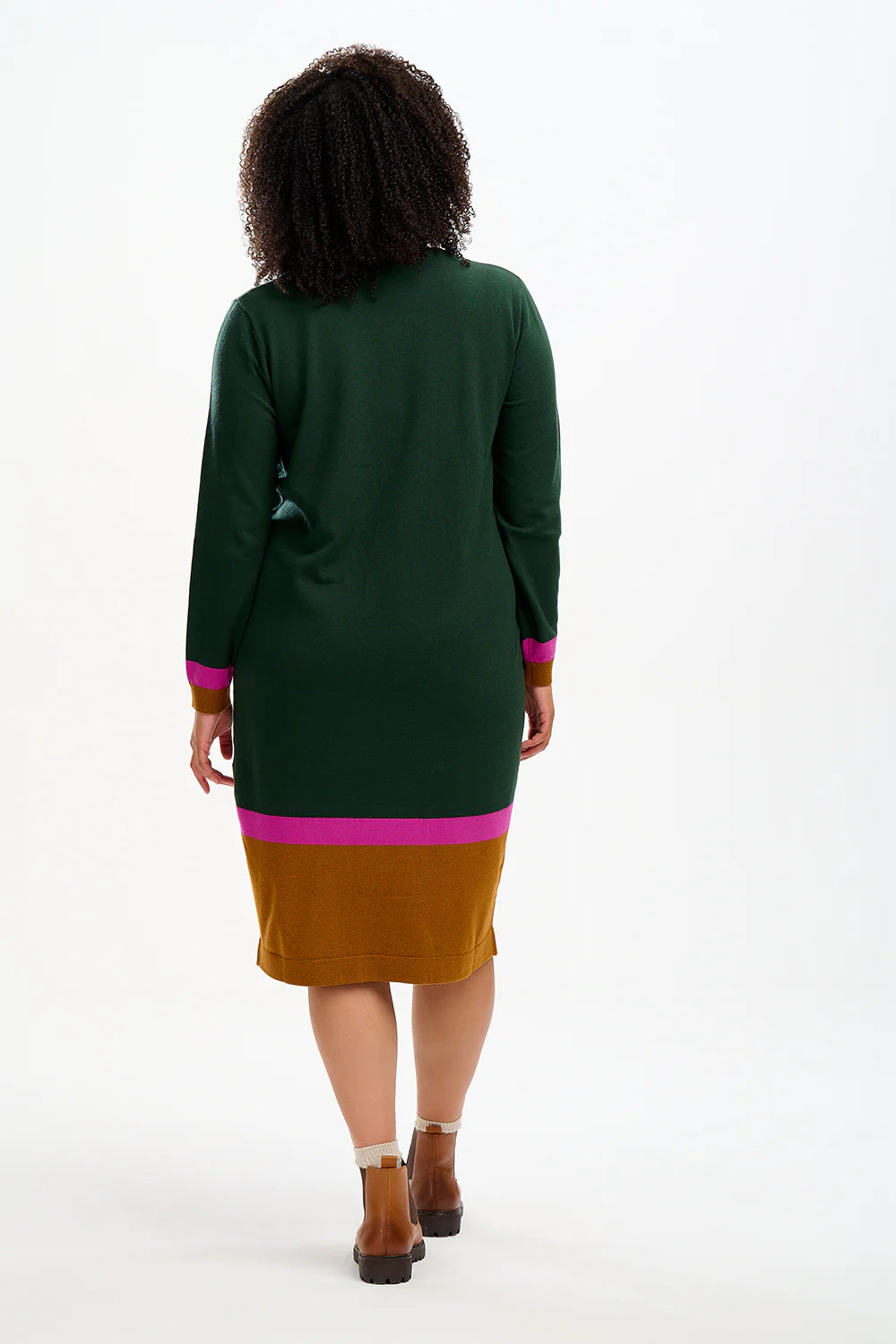 SUGARHILL BRIGHTON-Nala Midi Knit Dress - Dark Green, Autumn Colour Block