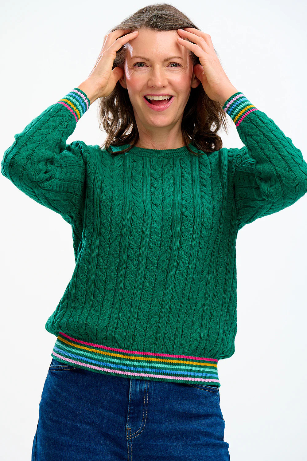 SUGARHILL BRIGHTON-Barbara Cable Knit Jumper - Green, Rainbow Tipping