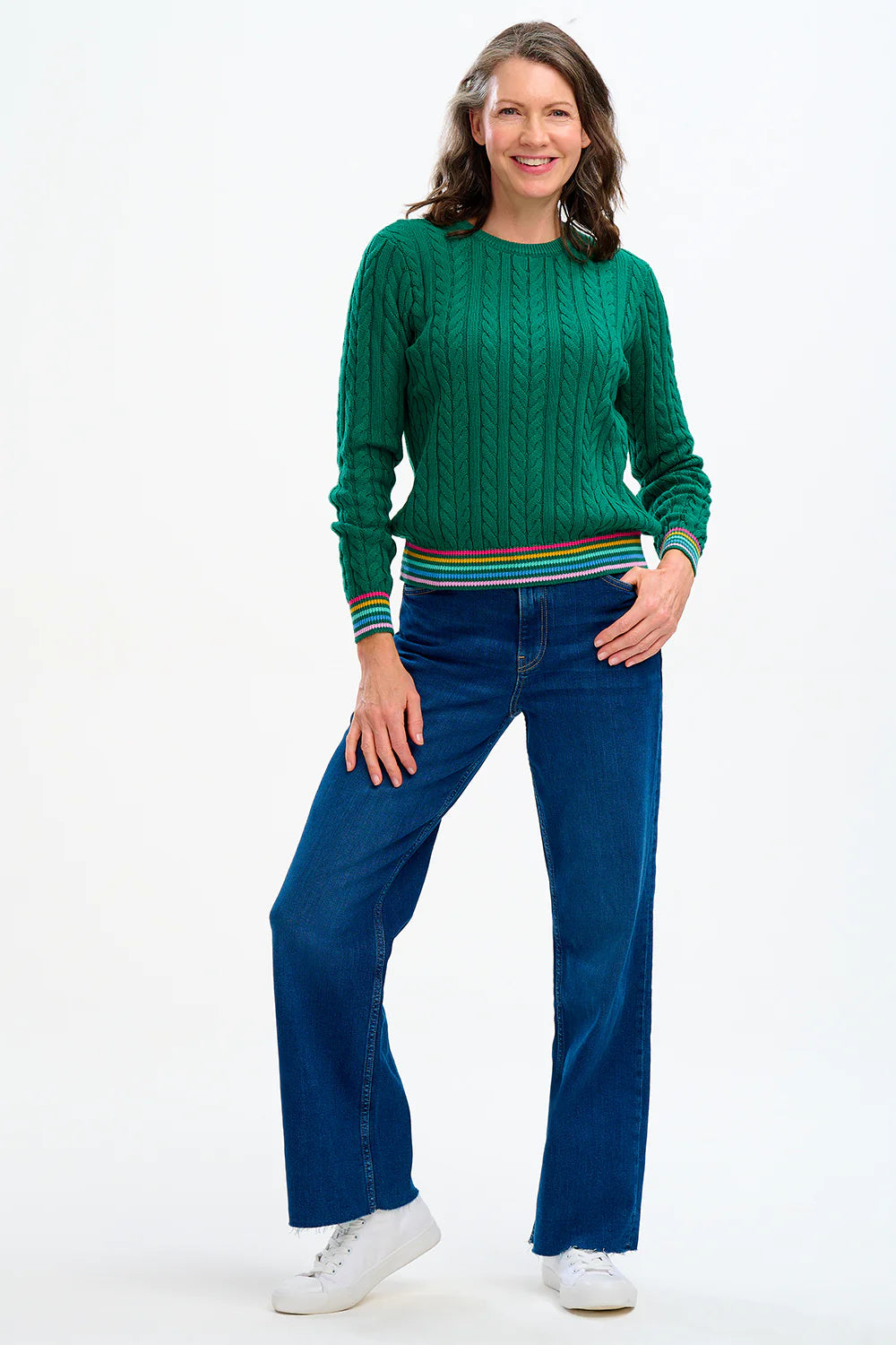SUGARHILL BRIGHTON-Barbara Cable Knit Jumper - Green, Rainbow Tipping