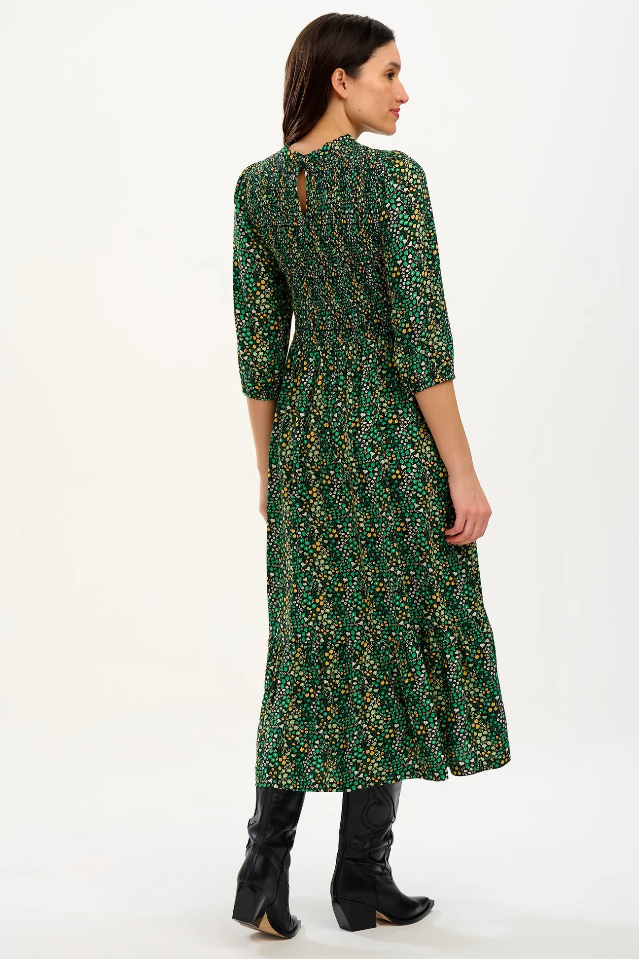 SUGARHILL BRIGHTON-Charmaine Midi Shirred Dress - Black/Green, Ditsy Floral