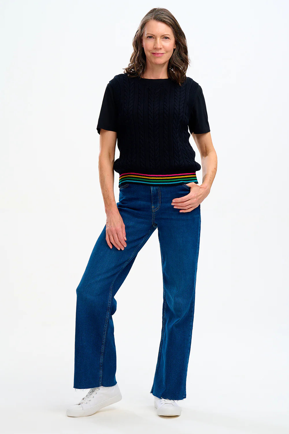 SUGARHILL BRIGHTON-Myrtle Cable Knit Vest - Black, Rainbow Tipping
