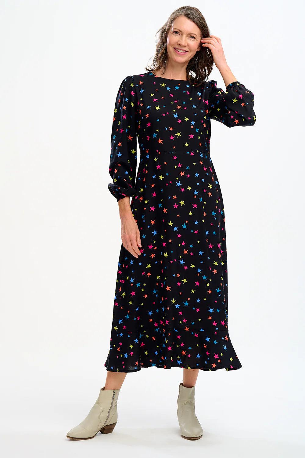 SUGARHILL BRIGHTON-Bliss Midi Dress - Black, Rainbow Star Confetti