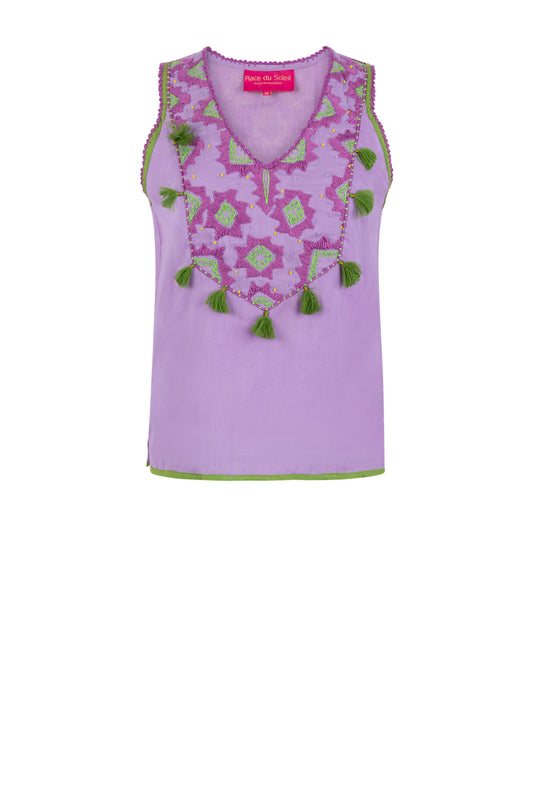 PLACE DU SOLEIL-PURPLE COTTON TOP WITH EMBROIDERY