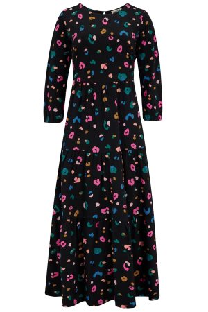 Sugarhill Bakari Jersey Tiered Midi Dress - Black, Paintbox Leopard