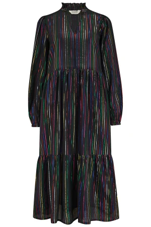 Sugarhill Esmeralda Midi Smock Dress - Black, Metallic Rainbow Stripe