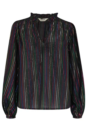 Sugarhill Electra Shirred Top - Black, Metallic Rainbow Stripe