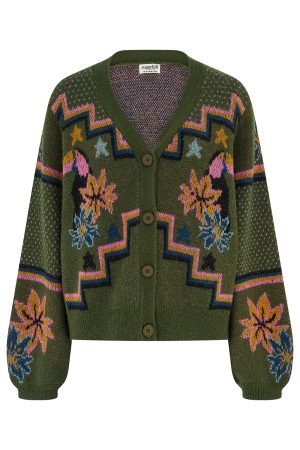 Sugarhill Ryanne Cardigan - Khaki Green, Geometric Toucans