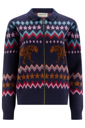 Sugahill Katlin Knitted Bomber Jacket - Navy, Walking Leopard