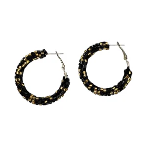 Black and gold beaded cluster hoop earrings