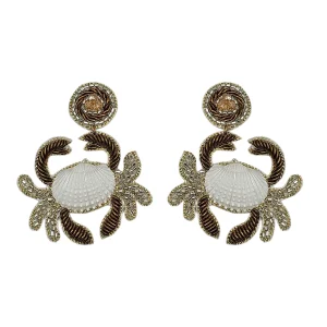 Bronze embroidered shell crab statement earrings