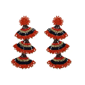 Coral and navy beaded triple fan drop earrings