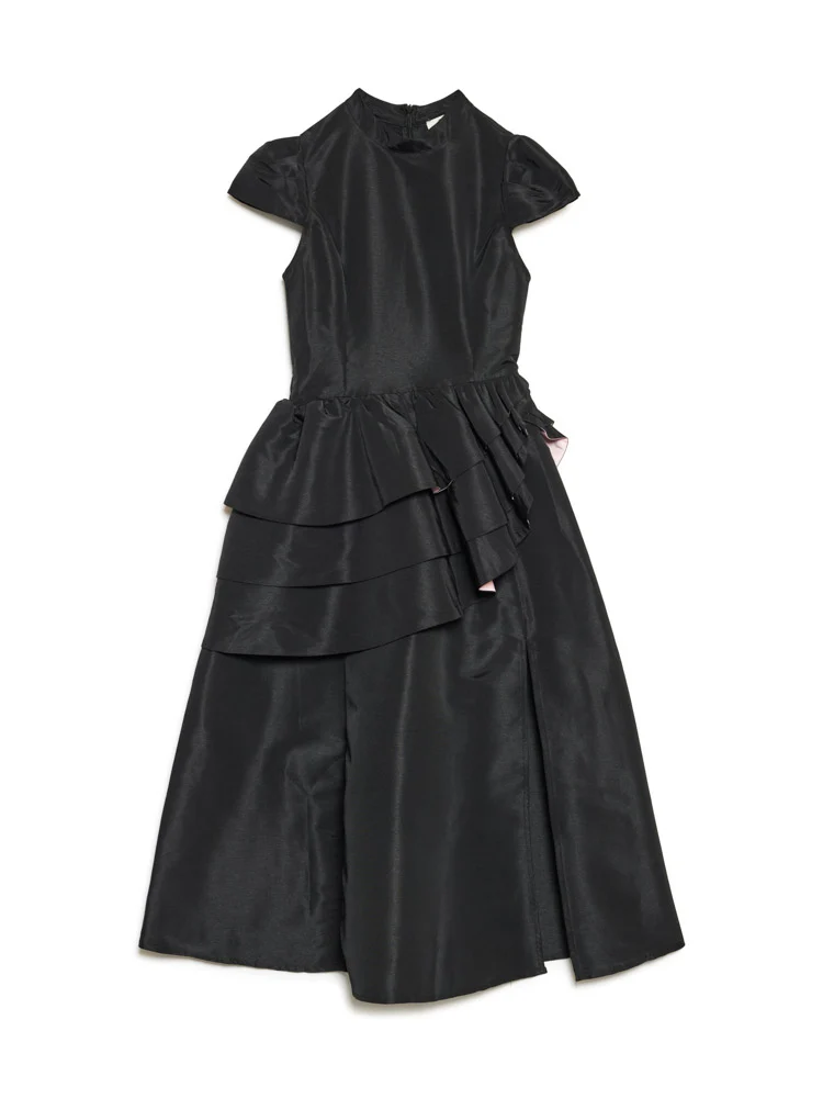 Dream by Sister Jane Elixir Ruffle Midi Dress in black with asymmetric waist ruffles