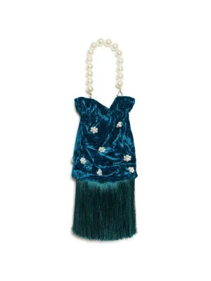 Dream by Sister Jane Pheonix Velvet Grab Bag in teal with pearl flowers and fringing