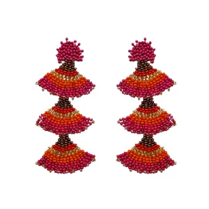 Fuchsia mix triple fan beaded drop earrings