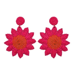 Fuchsia and orange beaded sunflower statement earrings