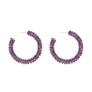 Large purple beaded cluster hoop earrings