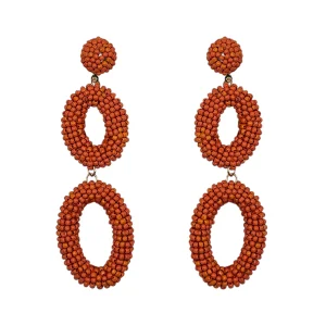 Orange beaded double oval drop statement earrings