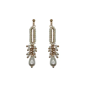 Pearl cluster and rectangular gold-tone drop earrings