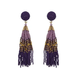 Purple lilac and gold beaded tassel statement earrings
