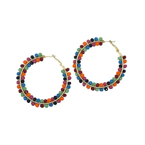 Add soft warmth and effortless elegance to your look with the Peach & Ivory Mix Tassel Earrings. Featuring textured beaded studs and cascading tassels in blended shades of peach and ivory, these earrings offer beautiful movement and a delicate, feminine finish. Subtle gold-tone accents complete the design, making them perfect for both everyday wear and special occasions. Lightweight and versatile, they bring a polished touch to any outfit. Rainbow mix glass beaded gold hoop earrings