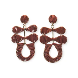 Narratives rust raffia double leaf and oval drop statement earrings