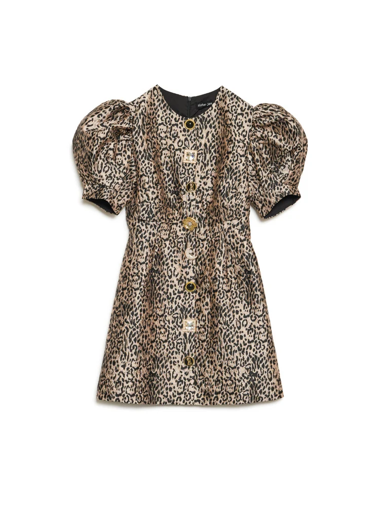 Sister Jane Charmed Jacquard Mini Dress - Gold Leopard