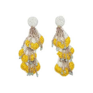 Yellow white and metallic beaded seashell tassel statement earrings