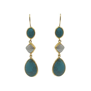 Turquoise howlite and pearl trio stone drop earrings with gold brass setting
