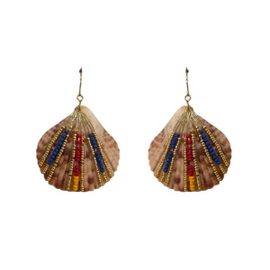 Natural cockle shell earrings with colourful blue red yellow and gold beading