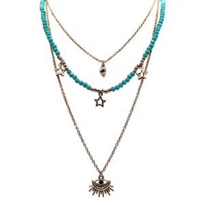 Narratives turquoise triple layer necklace with gold star shell and evil eye charms