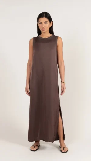 Oona Satin Dress in Dark Espresso with relaxed maxi fit and side split